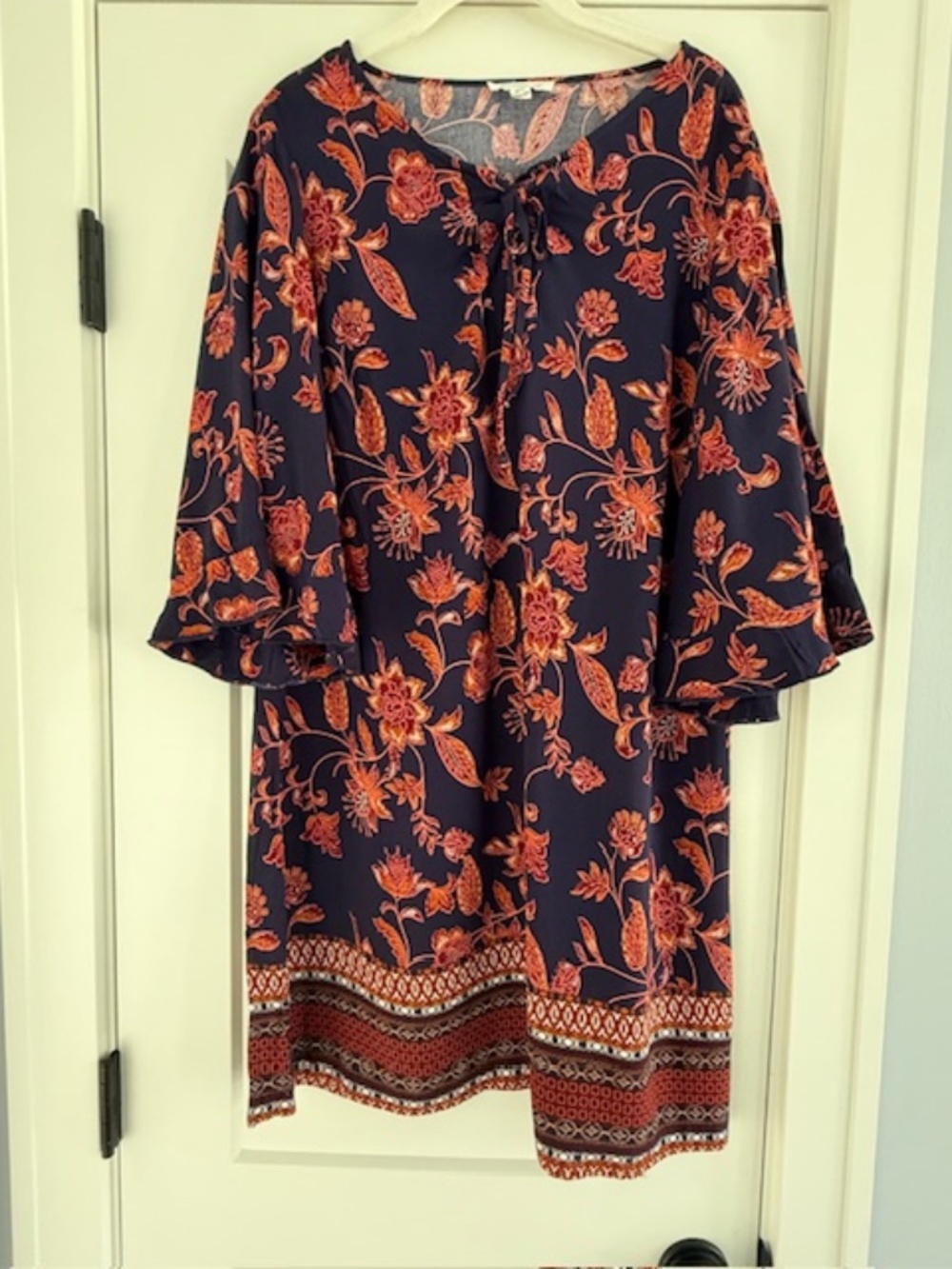 Beach Lunch Lounge Dress Large 3/4 Sleeve Boho Paisley Shift Dress EUC